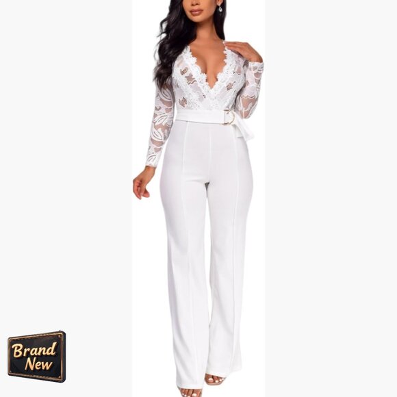 Women's Formal Jumpsuit with Wide Leg Pants Cotton Blend Fabric Size XL